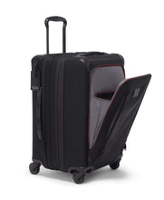 Load image into Gallery viewer, Angled front panel view of the suitcase with the front panel unzipped and opened.