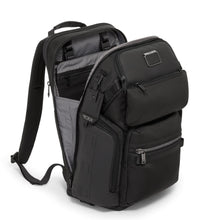 Load image into Gallery viewer, Angled front panel view of the backpack with the main compartment unzipped.