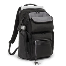 Load image into Gallery viewer, Front view of the black backpack with the compartments unzipped.