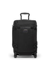 Load image into Gallery viewer, Front Panel View of the black suitcase. The telescopic handle is partly extended.