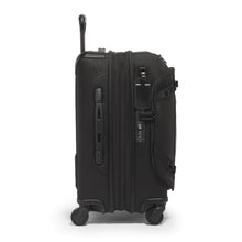 Load image into Gallery viewer, Side panel view of the black suitcase. It features a grab handle, a tag, and a TSA approved three-digit combination lock.