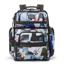 Load image into Gallery viewer, Front view of the backpack with poster print pattern.