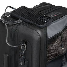 Load image into Gallery viewer, Close up to the side panel of the suitcase showing the USB plug for you to charge your devices on the go. (Power bank required, not included).