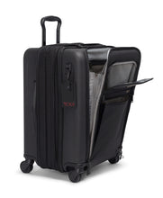 Load image into Gallery viewer, Angled front panel view of the black suitcase with the expandable feature and front panels unzipped.