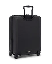 Load image into Gallery viewer, Angled back panel view of the suitcase showing the telescopic handle partly extended.