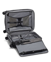 Load image into Gallery viewer, Interior view of the suitcase. One panel features a foldable garment bag, the other panel a set of straps with small dividers to hold your contents in place. The sides have a long set of zipper-closing pockets to organize smaller contents.