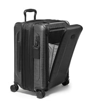 Load image into Gallery viewer, Angled front view of the suitcase with the panel's pocket unzipped.