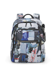 Load image into Gallery viewer, Front panel view of the backpack with poster print pattern.