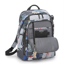 Load image into Gallery viewer, Angled view with the backpack with the front panel pocket unzipped.