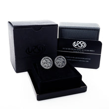 Load image into Gallery viewer, The cufflinks arranged in the black presentation box with the included outer box and certificate.