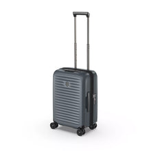 Load image into Gallery viewer, Angled front view of the hard shell suitcase with the telescopic handle extended.
