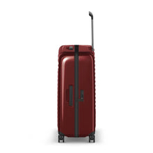 Load image into Gallery viewer, Side panel view of the red hard side suitcase, showing a grab handle, and a TSA approved three-digit combination lock.