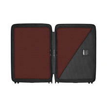 Load image into Gallery viewer, Interior view of the suitcase, showing the zipper-closing dividers The one on the left panel is red, the one on the right panel is red and black.