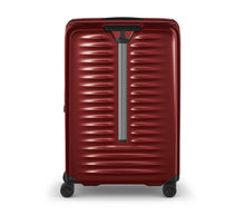 Load image into Gallery viewer, Back panel view of the red hard side case with the telescopic handle retracted.