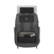 Load image into Gallery viewer, Front panel view showing a laptop and tablet peeking from inside. The front pocket is unzipped and shown with a cellphone, charging cable, and two pens in their compartments.