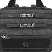Load image into Gallery viewer, Close up to the top of the backpack, showing the three set of zippers for the main compartment, the laptop pocket, and the front pocket.