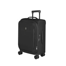 Load image into Gallery viewer, Angled front view of the soft side suitcase with the telescopic handle partly extended.