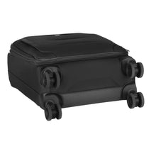 Load image into Gallery viewer, Angled view of the suitcase's bottom panel. It features four dual-caster spinner wheels.