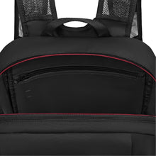 Load image into Gallery viewer, Interior View of the black backpack. It shows the inside Back Panel Zip Pocket