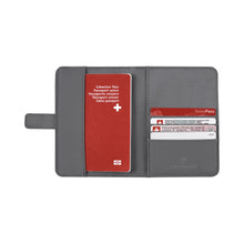 Load image into Gallery viewer, Interior view of the frost grey passport holder. A small pocket on the left will fit your passport. The right side fits four credit cards or IDs.