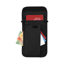 Load image into Gallery viewer, THe black neck pouch with the Organization Compartments opened. They can hold a Passport, Boarding Pass, Currency and cards.