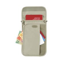 Load image into Gallery viewer, Front Panel View of the sand beige pouch with the flaps opened. It shows the organizational pockets for a boarding pass, a passport, cards, and currency.