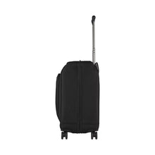 Load image into Gallery viewer, Side panel view of the black garment spinner bag with the telescopic handle partly pulled.