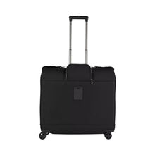 Load image into Gallery viewer, Back panel view of the spinner garment bag with the telescopic handle partly pulled. A zipper-closing compartment can completely cover the telescopic handle.