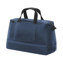 Load image into Gallery viewer, Angled Back panel view of the blue duffle bag.