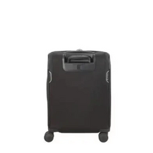 Load image into Gallery viewer, Back panel view of the black soft side suitcase. The telescoping handle fully retracted.