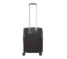 Load image into Gallery viewer, Image of Back Panel View of the black soft side suitcase. The telescoping handle is fully extended.