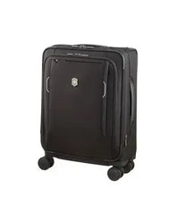 Load image into Gallery viewer, Left-facing front angled panel view of the black soft side suitcase with the telescoping handle fully retracted.