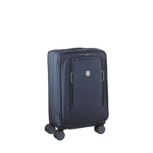 Load image into Gallery viewer, Angled front view of the blue soft side suitcase.