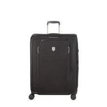 Load image into Gallery viewer, Front panel view of the black soft side suitcase. The telescopic handle is partly extended.