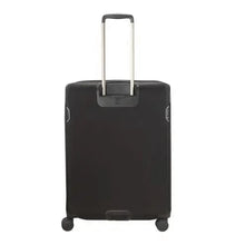 Load image into Gallery viewer, Back panel view of the black soft side suitcase. The telescopic handle is extended.