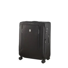 Load image into Gallery viewer, Angled front panel view of the black soft side suitcase. The telescopic handle is retracted.