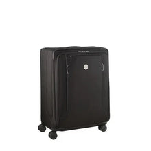 Load image into Gallery viewer, Angled front panel view of the black soft side suitcase. The telescopic handle is retracted.