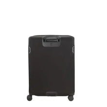 Load image into Gallery viewer, Back panel view of the black soft side suitcase. The telescopic handle is retracted.