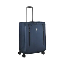 Load image into Gallery viewer, Angled front panel view of the blue soft side suitcase. The telescopic handle is extended.