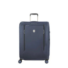 Load image into Gallery viewer, Front panel view of the blue soft side suitcase. The telescopic handle is partly extended.
