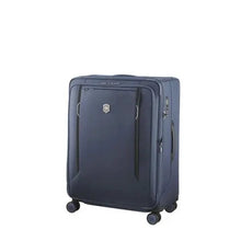 Load image into Gallery viewer, Angled front panel view of the blue soft side suitcase. The telescopic handle is retracted.