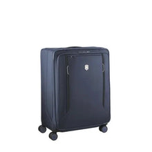 Load image into Gallery viewer, Angled front panel view of the blue soft side suitcase. The telescopic handle is retracted.