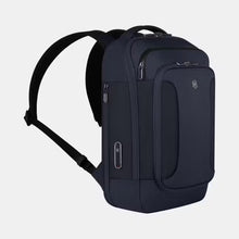 Load image into Gallery viewer, Angled front panel view of the navy blue backpack with the shoulder straps extended.