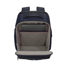 Load image into Gallery viewer, Interior view of the navy blue backpack. The lining is a light gray colored.