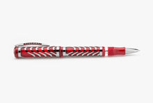Load image into Gallery viewer, The Rollerball Pen laid on a white background with the cap posted. The pen is made of translucent red resin with an overlay on top made of silver coated in palladium.