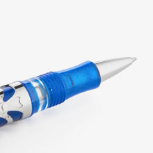 Load image into Gallery viewer, Close up to the nose and grip section of the Rollerball Pen. it is blue with silver trims.