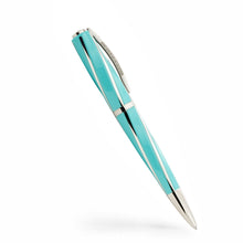 Load image into Gallery viewer, Angled view of the Visconti Divina Elegance Wave Twist Ballpoint Pen on a white background. The pen's body is turquoise with palladium plated silver trims.