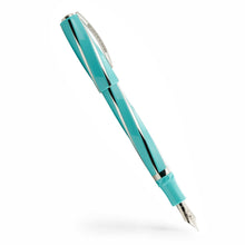 Load image into Gallery viewer, Angled view of the Visconti Divina Elegance Wave Fountain pen with the cap posted. It is a bright turquoise color with palladium plated silver trims on the clip, and on the body. The pen body is sightly twisted.