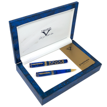 Load image into Gallery viewer, The two Visconti Empire Pens in the blue Presentation Box with the included Document.