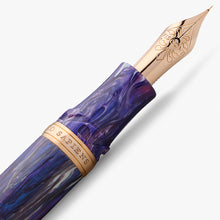 Load image into Gallery viewer, Close up to the grip section of the Fountain Pen. There is a rose-gold ring with the engraving: "HOMO SAPIENS". The nib has an engraving of the word "VISCONTI" with a set of decorations.